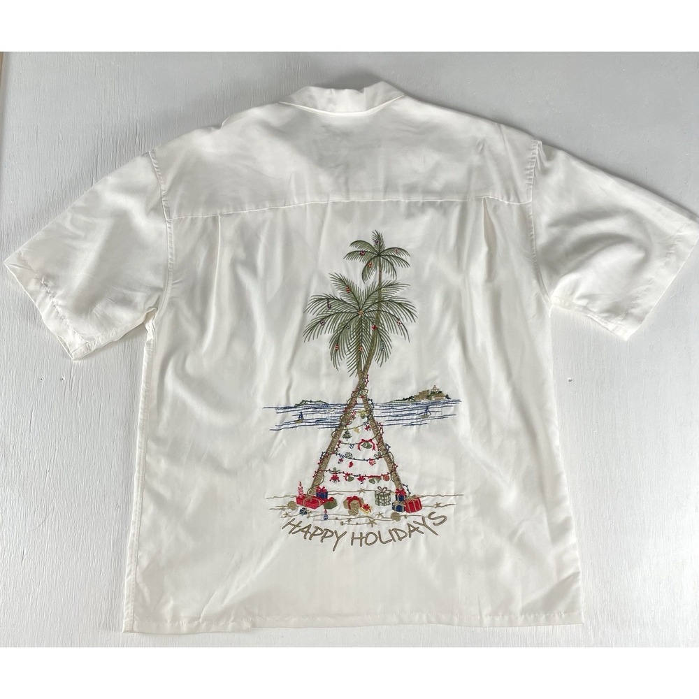 Bamboo Cay Hawaiian Shirt Men's M Ivory Embroidered HAPPY HOLIDAYS Tropical Palm